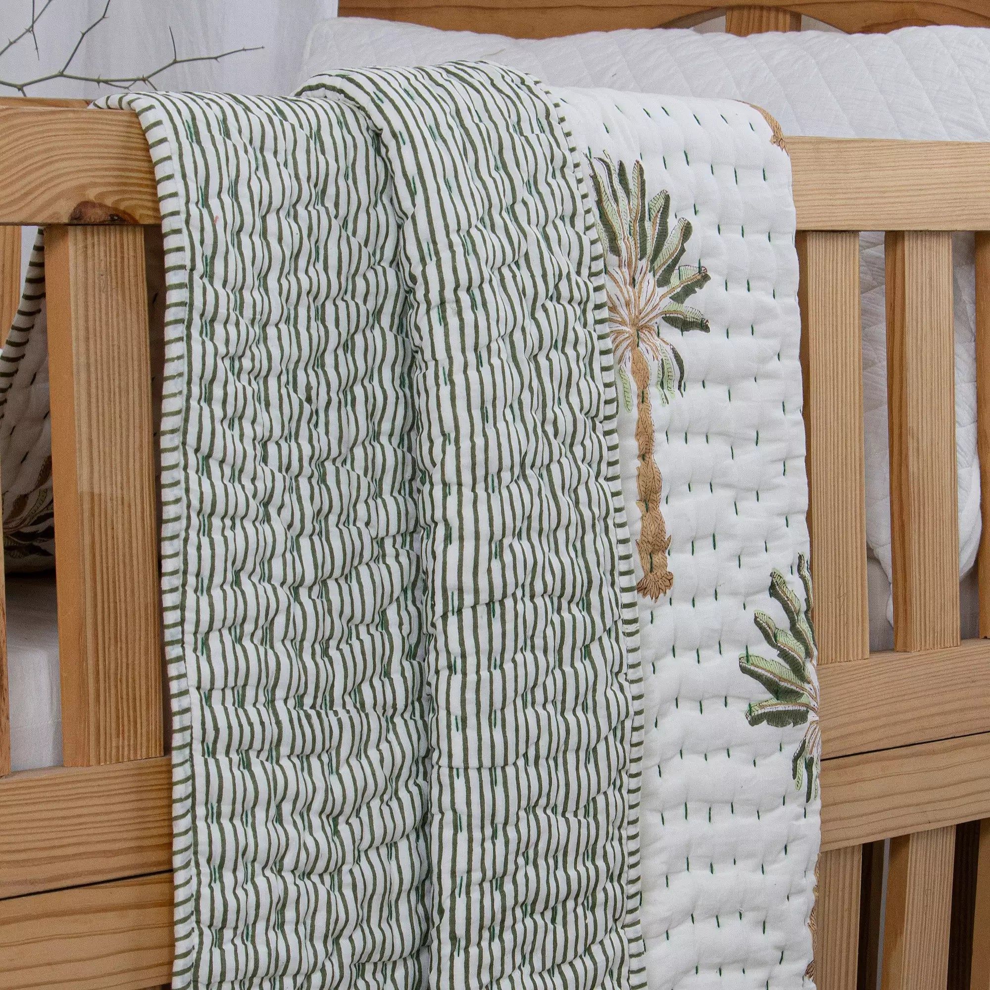 Reversible Green Palm Tree Kantha Cotton Soft Baby Quilts 105